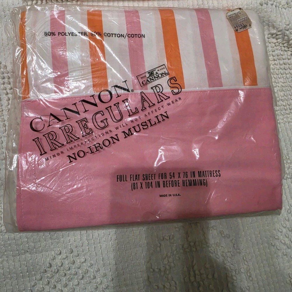Vintage Cannon Fashion Muslin Sheet Full Flat Pink Orange White Stripe New‎